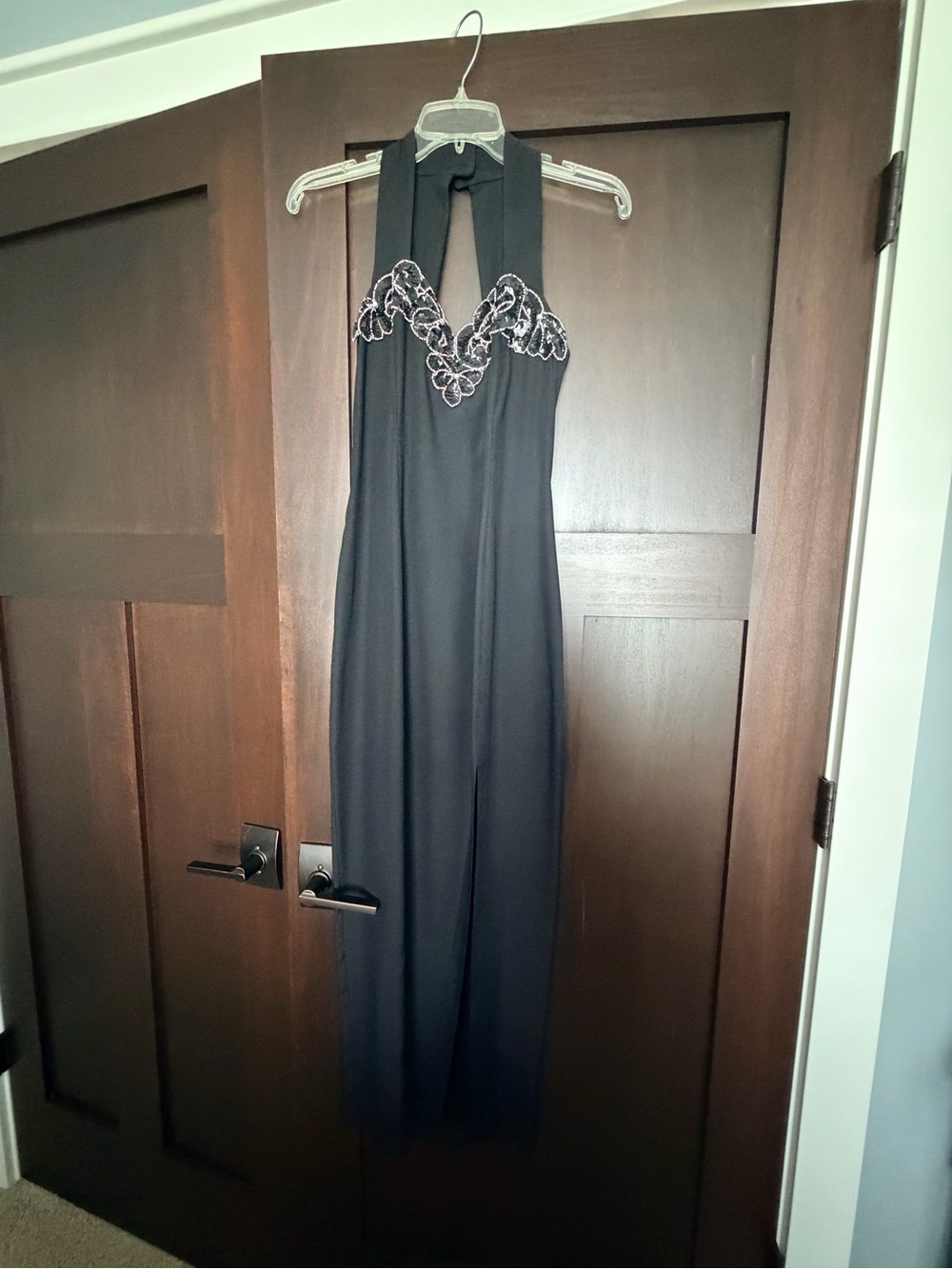 Black Halter Evening Jumpsuit with Embroidered Detail